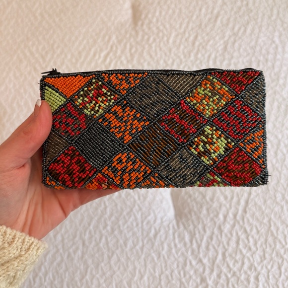 Handbags - Beaded Clutch Wallet – Multicolor Geometric Pattern, Zip Closure